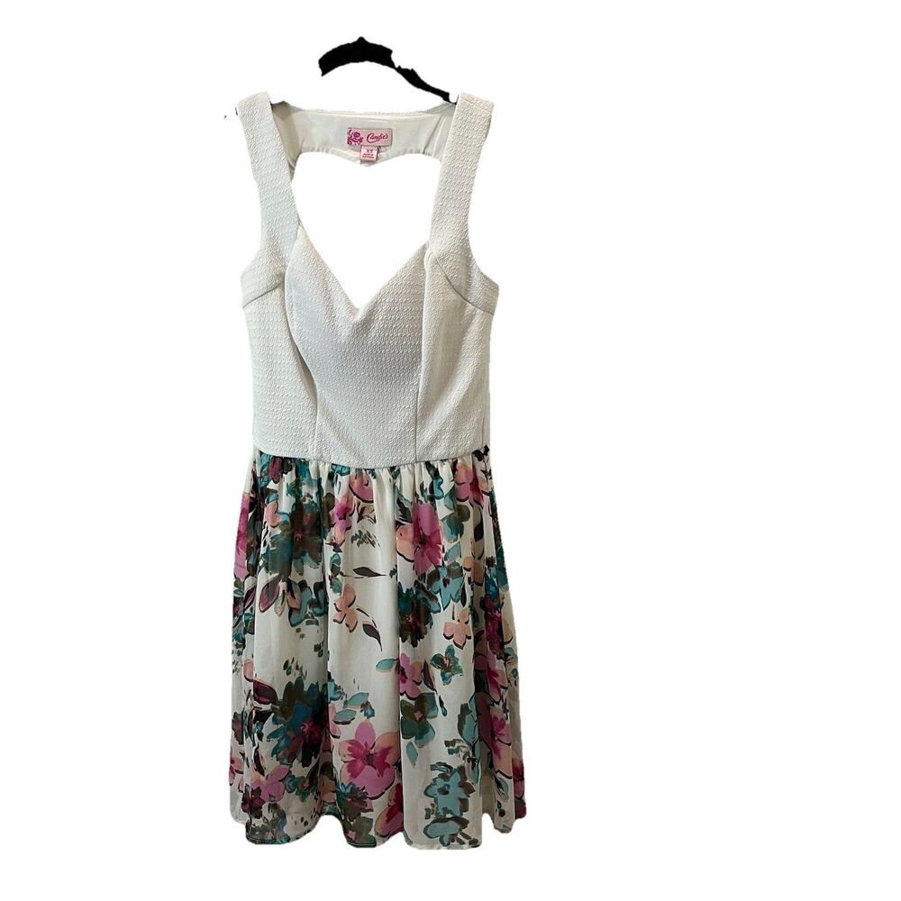 Candies White Floral Back Heart Cut Out Detail Sleeveless Dress Womens Size XS